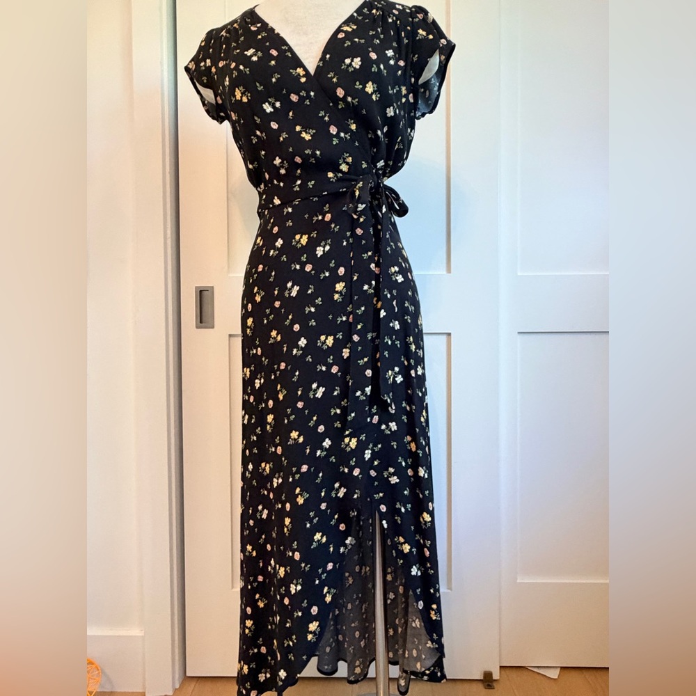 Reformation Black Maxi Wrap Dress with Ditzy Floral Pattern